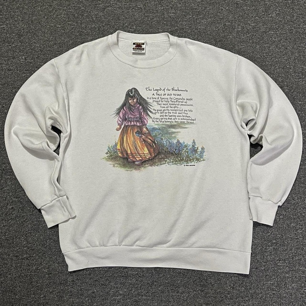 Vintage RED WILLOW Mens White‎ The Legend of Bluebonnets Graphic Sweatshirt XL